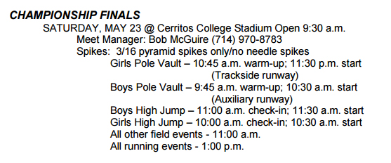 2015-05-23 - Schedule for CIF Finals