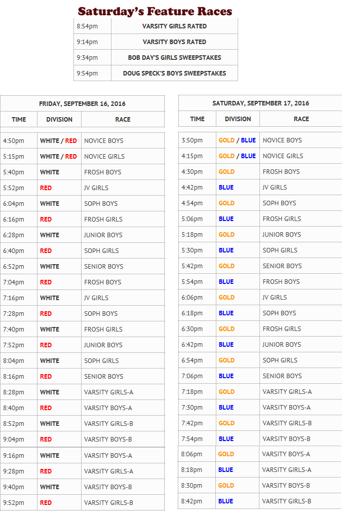 2016-09-16 - Race schedule - Woodbridge (both nights)